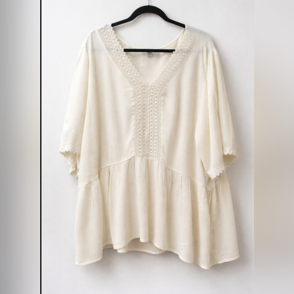 Boho Ivory Tunic 3X Flowy Lace Crochet Blouse Plus Size